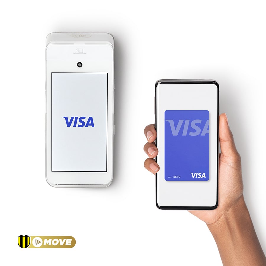 Hand holding a phone with Visa card on the screen