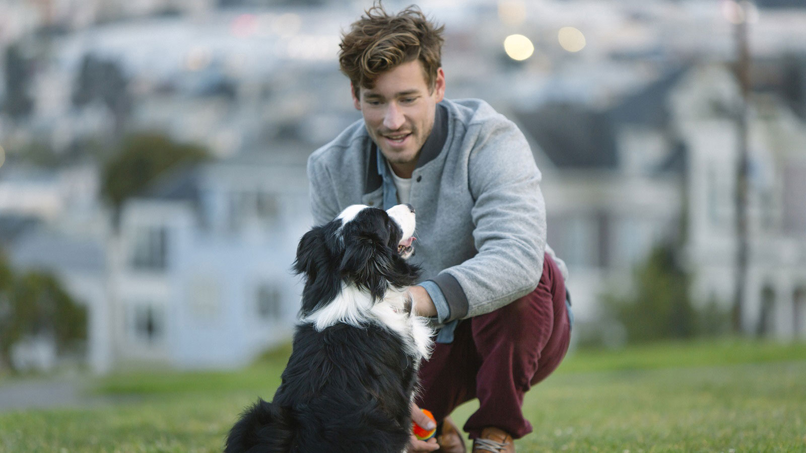 Man kneeling on a hillside grass area petting a dog.